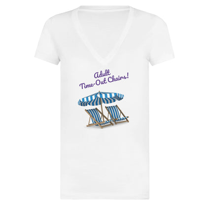 A premium women’s V-neck t-shirt with original Adult Time-Out Chairs! from WhatYa Say Apparel made from combed and ring-spun cotton lying flat.
