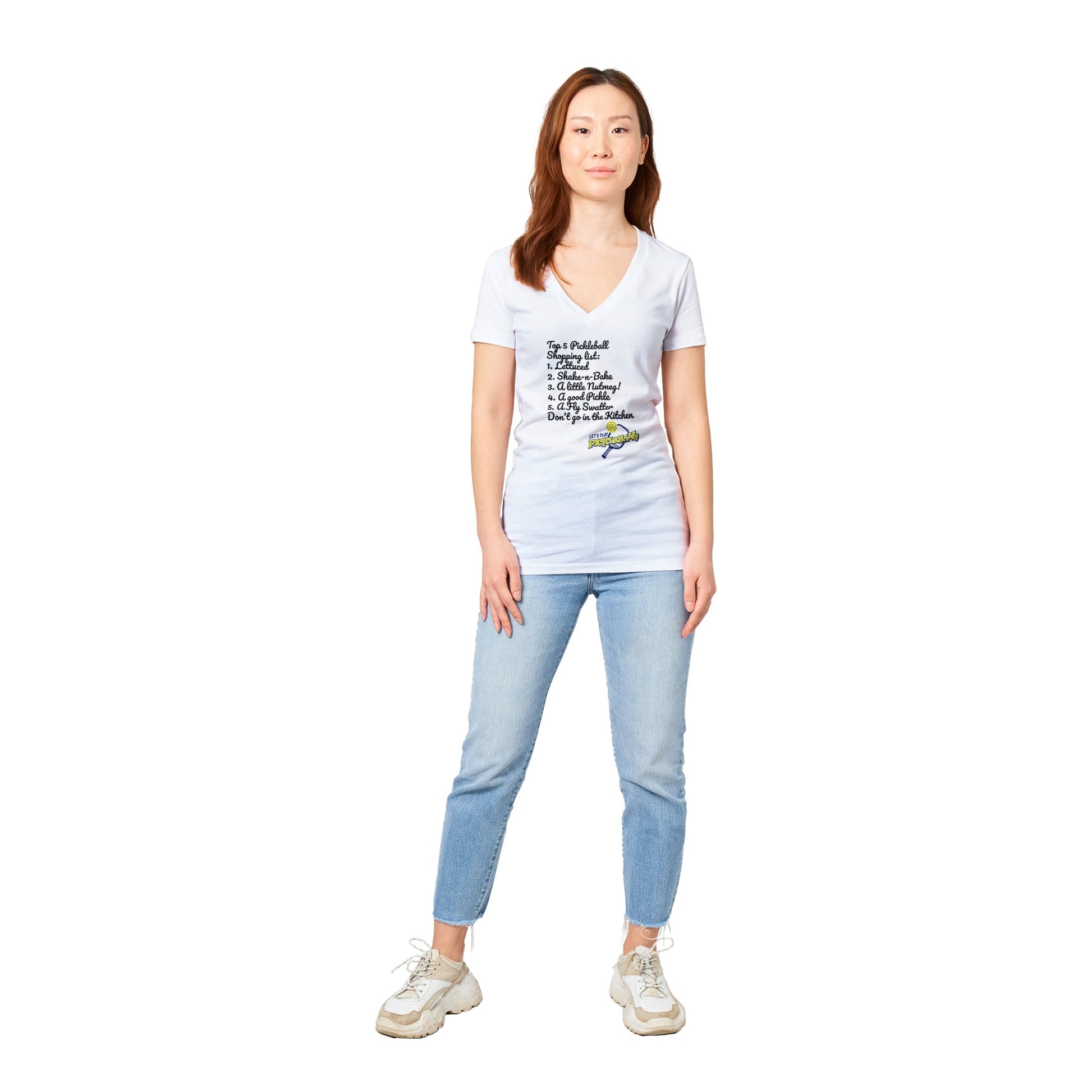 Asian Female model standing wearing original motto Top 5 PickleBall list premium women’s V-neck t-shirt from WhatYa Say Apparel looking forward.