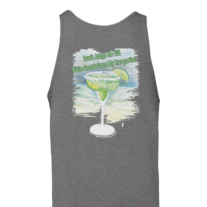 A dark grey heather Premium Unisex Tank Top with original artwork and motto Don’t Judge Me Till You’ve Drank from my Margarita on back and WhatYa Say logo on front from combed and ring-spun cotton back view from WhatYa Say Apparel rear view lying flat.