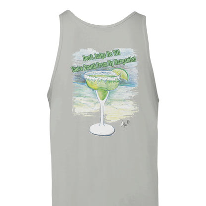 A silver Premium Unisex Tank Top with original artwork and motto Don’t Judge Me Till You’ve Drank from my Margarita on back and WhatYa Say logo on front from combed and ring-spun cotton back view from WhatYa Say Apparel rear view lying flat.