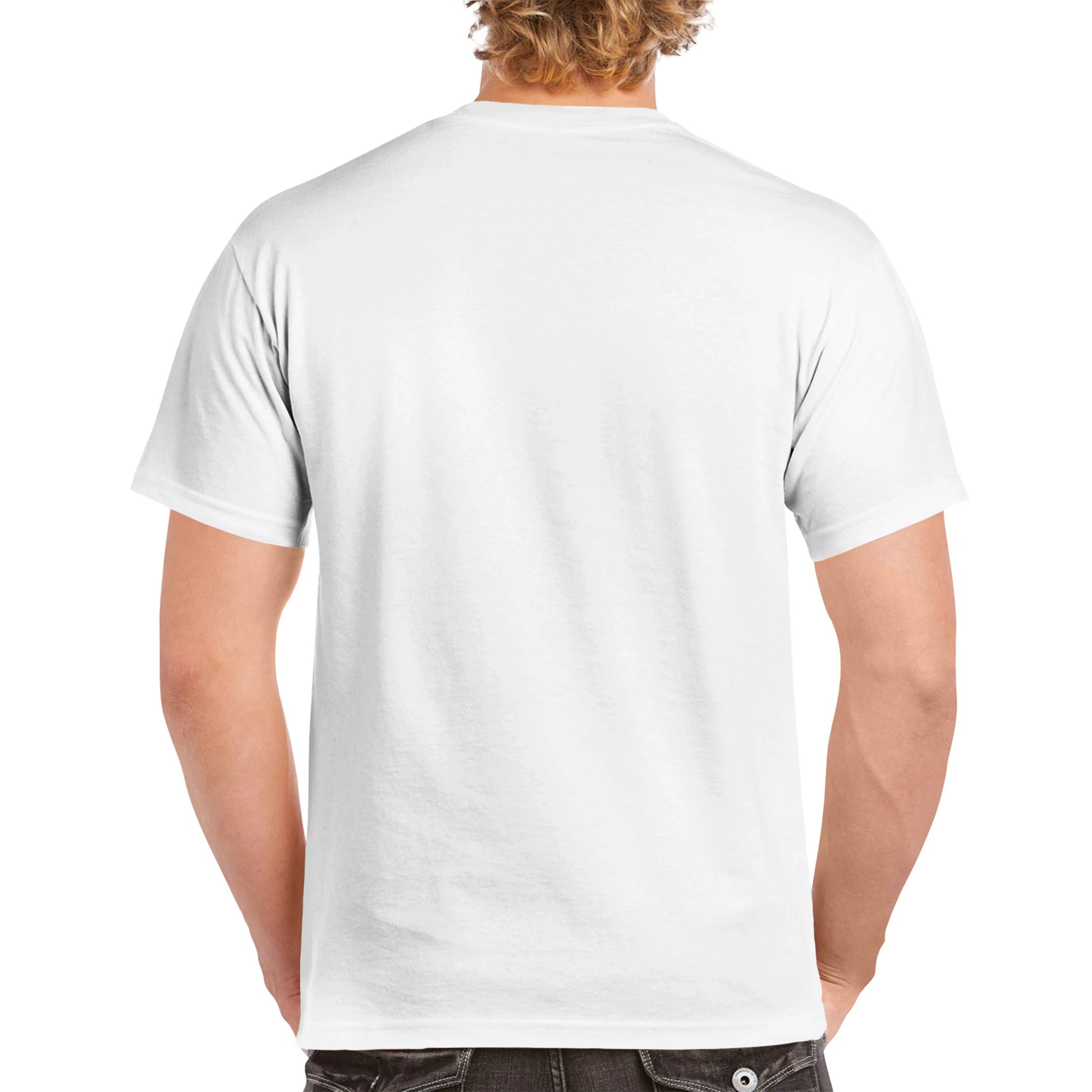 A white comfortable Unisex Crewneck heavyweight cotton t-shirt with funny saying I’d be a PickleBall SuperStar if it wasn’t for the Damn Net and Lines and Let’s Play Pickleball logo on the front from WhatYa Say Apparel worn by blonde-haired male rear view.
