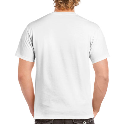 A white comfortable Unisex Crewneck heavyweight cotton t-shirt with funny saying I’d be a PickleBall SuperStar if it wasn’t for the Damn Net and Lines and Let’s Play Pickleball logo on the front from WhatYa Say Apparel worn by blonde-haired male rear view.