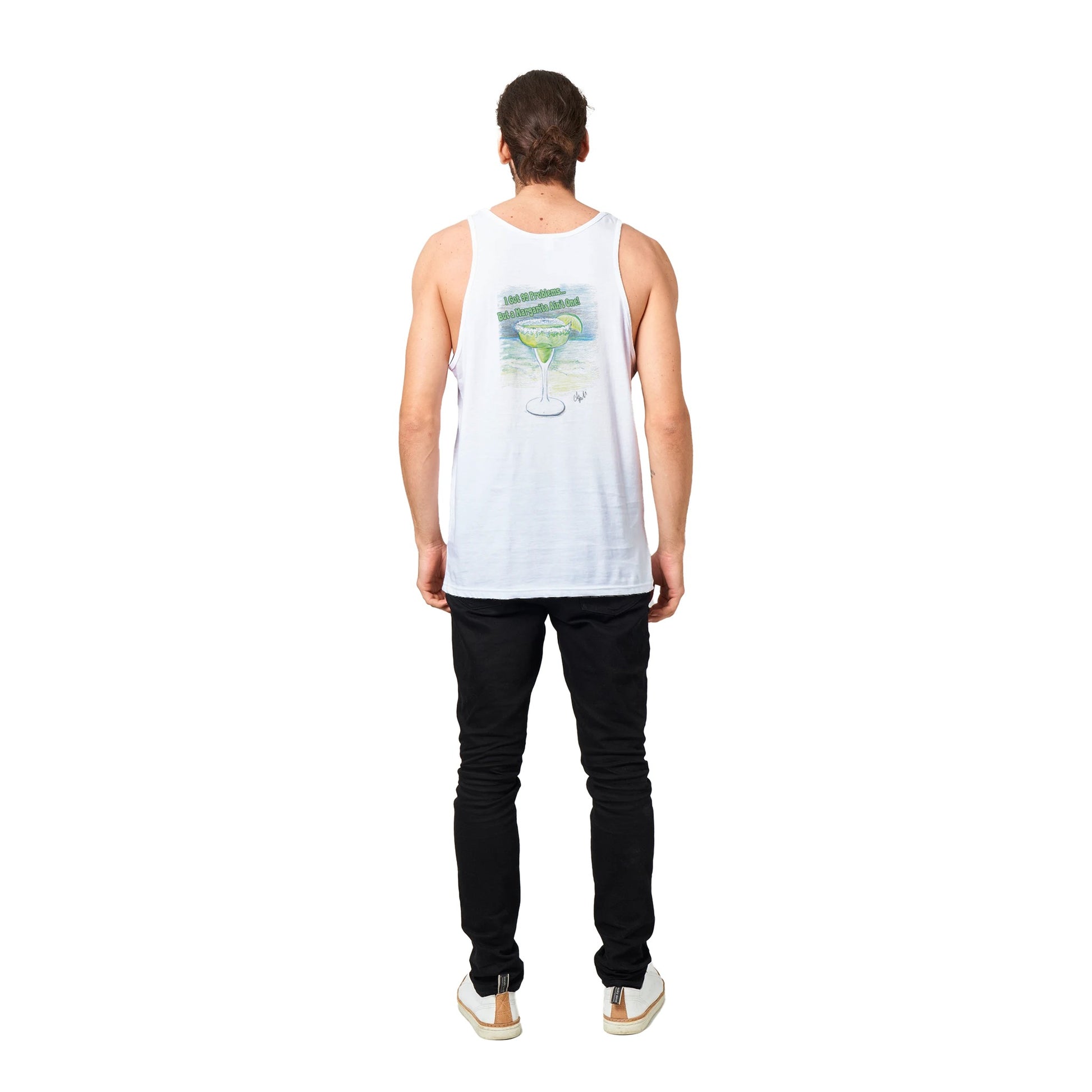 A brown-haired male model wearing a WhatYa Say logo white Premium Unisex Tank Top with original artwork and motto I Got 99 Problems But a Margarita Ain't One on back with WhatYa Say Logo on front from combed and ring-spun cotton from WhatYa Say Apparel standing back view.
