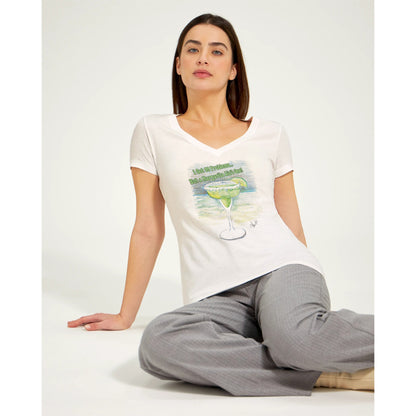 Female model sitting on floor wearing I Got 99 Problems But a Margarita Aint One premium women’s V-neck t-shirt from WhatYa Say Apparel.