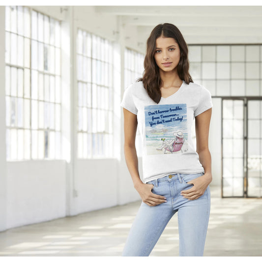 A premium women’s V-neck t-shirt from combed and ring-spun cotton original logo Don’t borrow troubles from Tomorrow… You don’t need Today! on front worn by a dark-haired female model standing with both thumbs in front pockets.