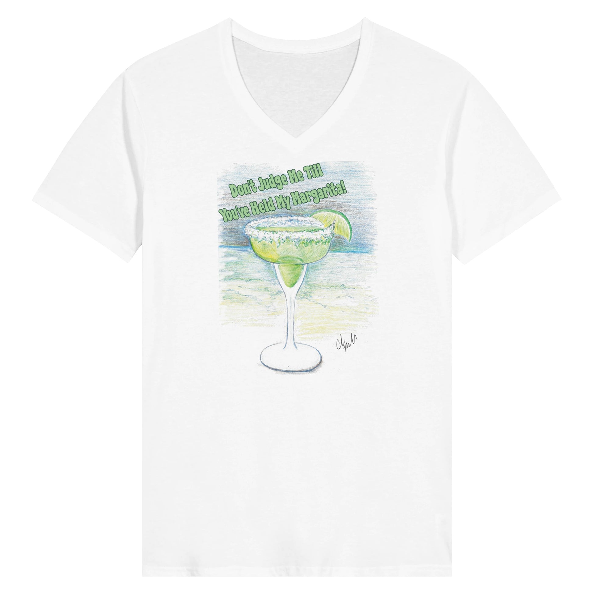 A white premium womens V-neck t-shirt with orignal artwork image Don't Judge Me Till You've Held My Margarita from WhatYa Say Apparel featuring a salt rimmed margarita glass with lime.