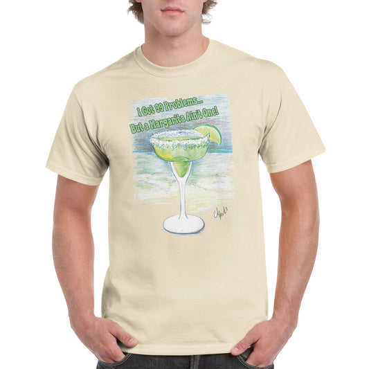 A natural heavyweight Unisex Crewneck cotton t-shirt with original artwork I Got 99 Problems… But A Margarita Ain’t One! on the front from WhatYa Say Apparel worn by blonde-haired male front view.