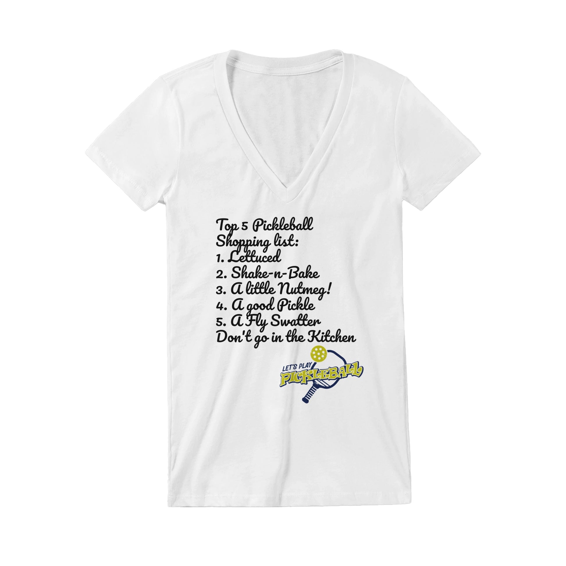 Original motto Top 5 PickleBall list premium women’s V-neck t-shirt from WhatYa Say Apparel made from combed and ring-spun cotton lying flat.