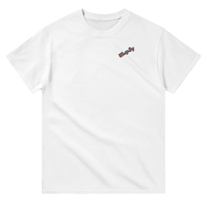 A white heavyweight Unisex Crewneck t-shirt with original artwork and I need my Ass in the Sand and a Margarita in my hand on back with WhatYa Say logo on front from WhatYa Say apparel lying flat facing front.