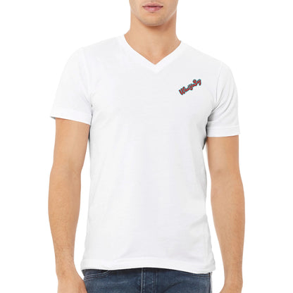 A white premium unisex v-neck t-shirt with original artwork and motto I Got 99 Problems But a Margarita Aint One on back and WhatYa Say logo on front made with combed and ring-spun cotton from WhatYa Say Apparel worn by A brown-haired male front view.