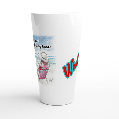 Seventeener white ceramic 17oz mug with original motto I need my Ass in the Sand and a Margarita in my hand on front and WhatYa Say logo on back dishwasher and microwave safe from WhatYa Say Apparel side view.