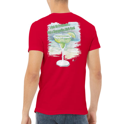 A red premium unisex v-neck t-shirt with original artwork and motto I Got 99 Problems But a Margarita Aint One on back and WhatYa Say logo on front made with combed and ring-spun cotton from WhatYa Say Apparel worn by A brown-haired male back view.