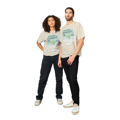 A natural heavyweight Unisex Crewneck cotton t-shirt with artwork I Got 99 Problems… But A Margarita Ain’t One! on the front from WhatYa Say Apparel worn by Happy woman and man couple standing side by side.