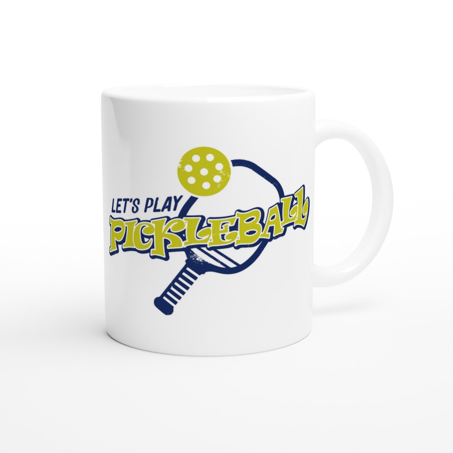 Personalized White ceramic 11oz mug with white handle Personalized with motto Your Name Would be a PickleBall Superstar if it wasn’t for that Darn net and those lines front side Let's Play PickleBall logo on back dishwasher and microwave safe ceramic coffee mug from WhatYa Say Apparel back view.