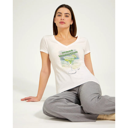 Female model sitting on floor wearing Don't Judge Me Till You’ve Drank from my margarita premium women’s V-neck t-shirt  from WhatYa Say Apparel.