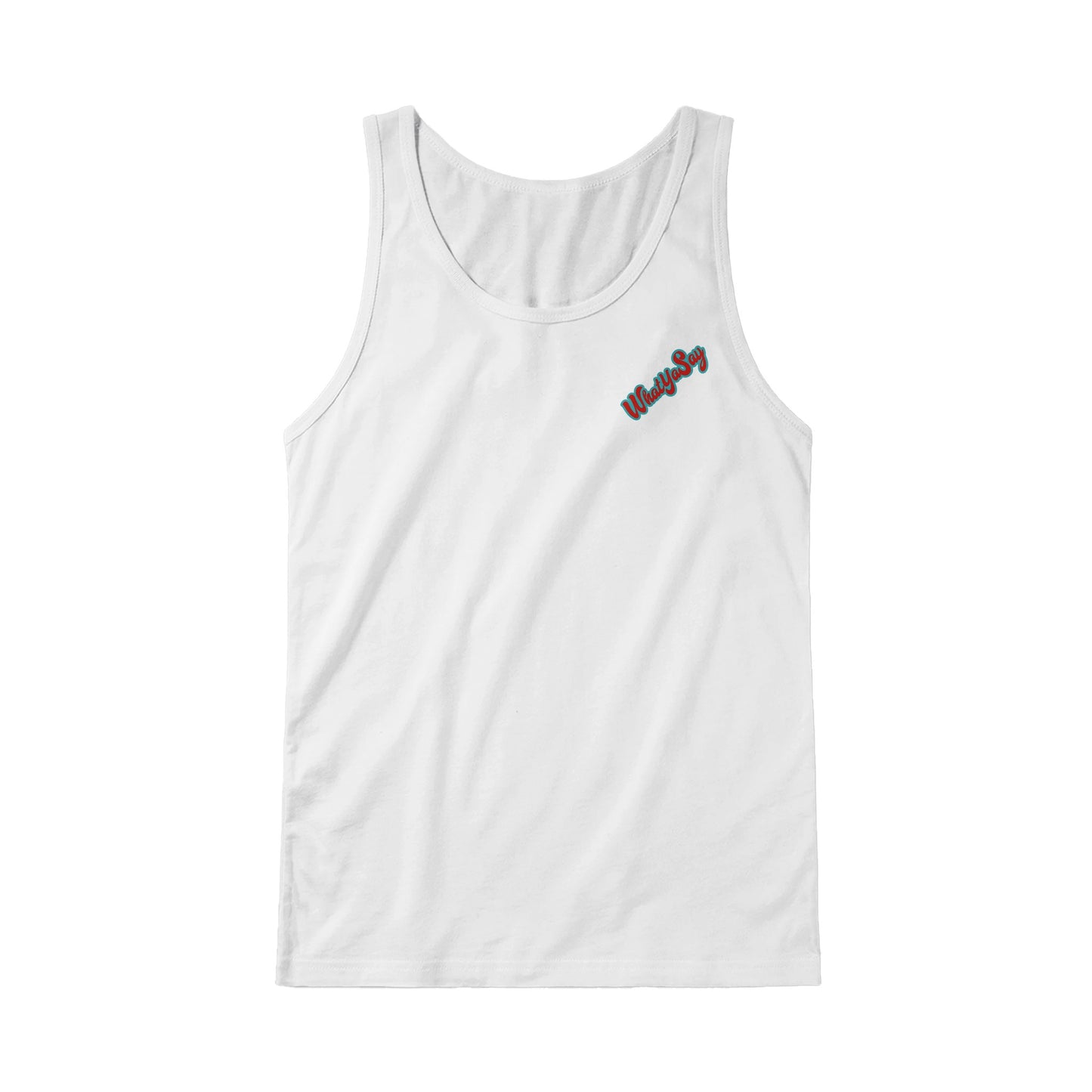 A white Premium Unisex Tank Top with original artwork and motto I need my Ass in the Sand and a Beer in my hand on back with WhatYa Say Logo on front from combed and ring-spun cotton from WhatYa Say Apparel a brown-haired male model standing front view lying flat.