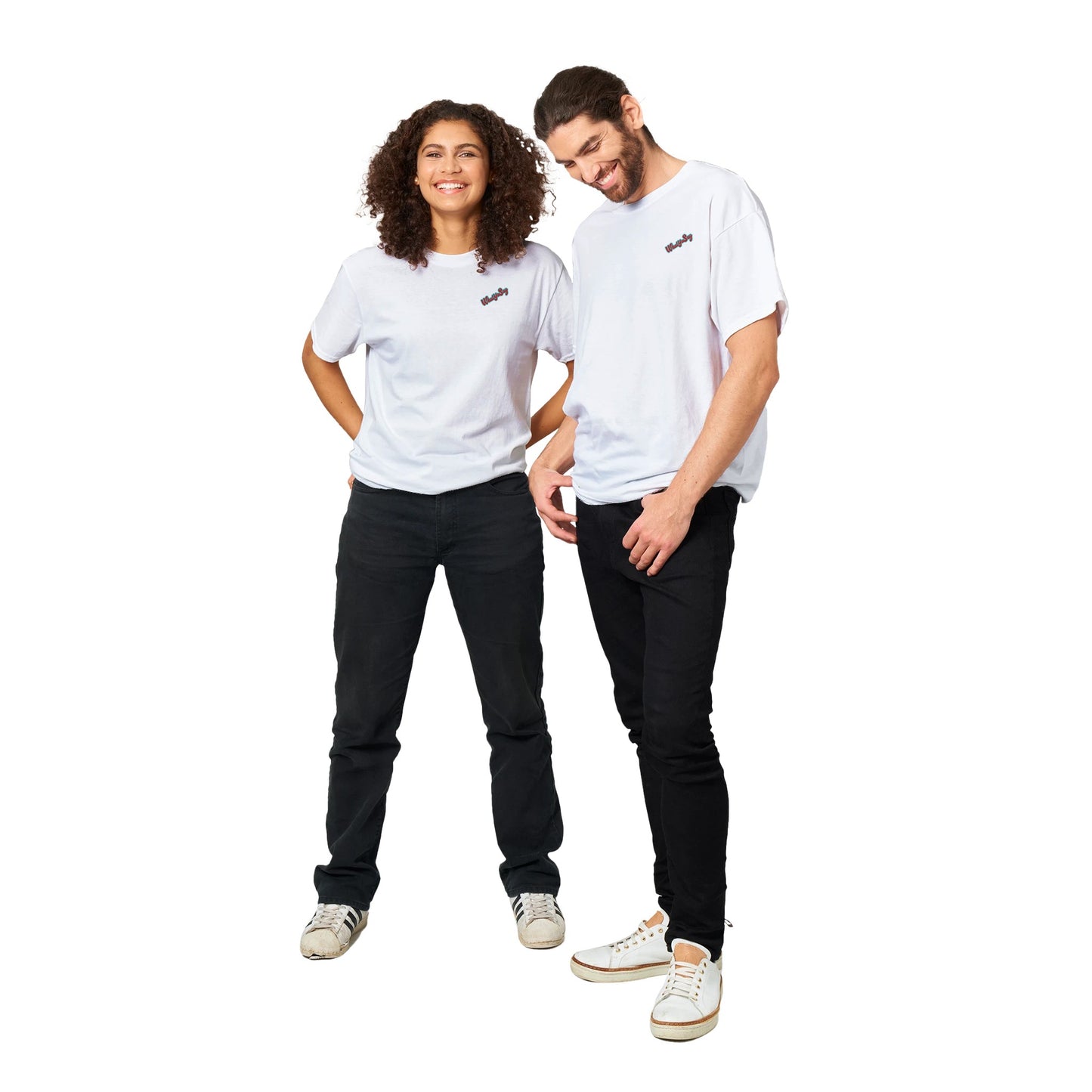 Happy woman and man couple standing side by side wearing a WhatYa Say white heavyweight Unisex Crewneck t-shirt with original artwork and motto Don’t Judge Me Till You’ve Drank from my margarita on the back from WhatYa Say Apparel.