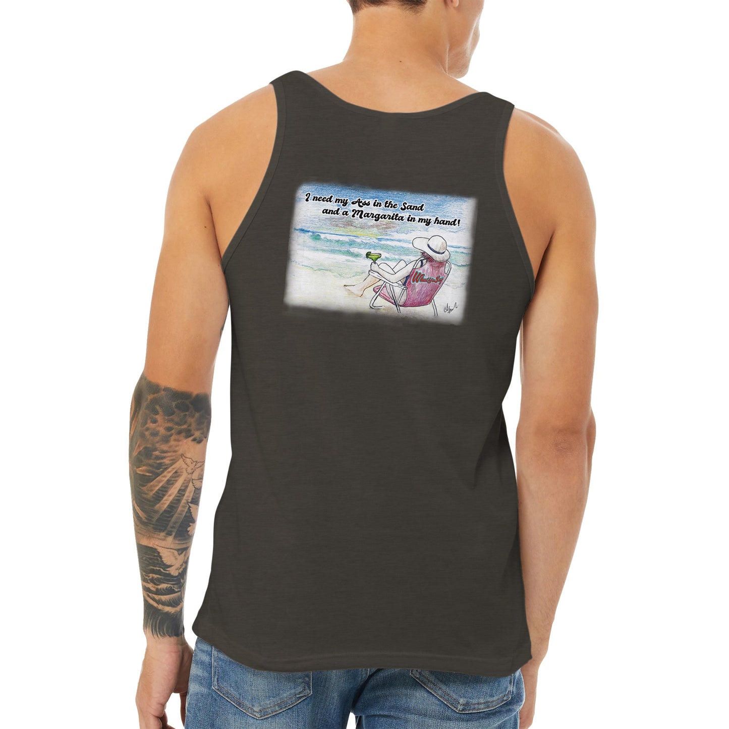 A triblend black heather Premium Unisex Tank Top with original artwork and motto I need my Ass in the Sand and a Margarita in my hand on back and WhatYa Say logo on front from combed and ring-spun cotton back view from WhatYa Say Apparel.