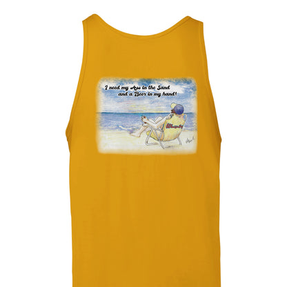 A gold Premium Unisex Tank Top with original artwork and motto I need my Ass in the Sand and a Beer in my hand on back and WhatYa Say logo on front from combed and ring-spun cotton back view from WhatYa Say Apparel.