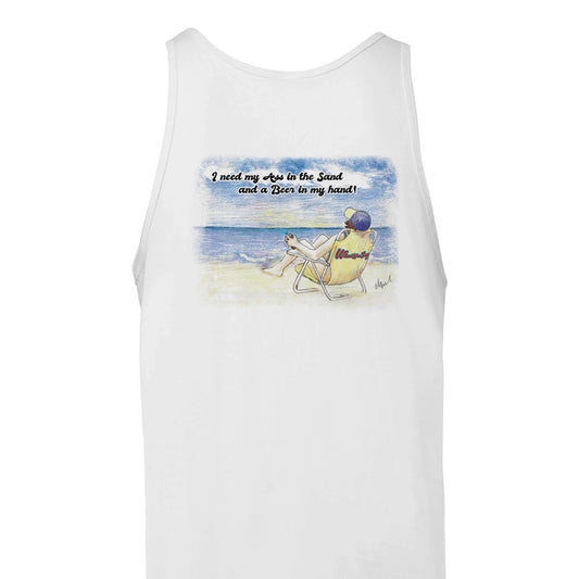 A white Premium Unisex Tank Top with original artwork and motto I need my Ass in the Sand and a Beer in my hand on back and WhatYa Say logo on front from combed and ring-spun cotton back view from WhatYa Say Apparel.