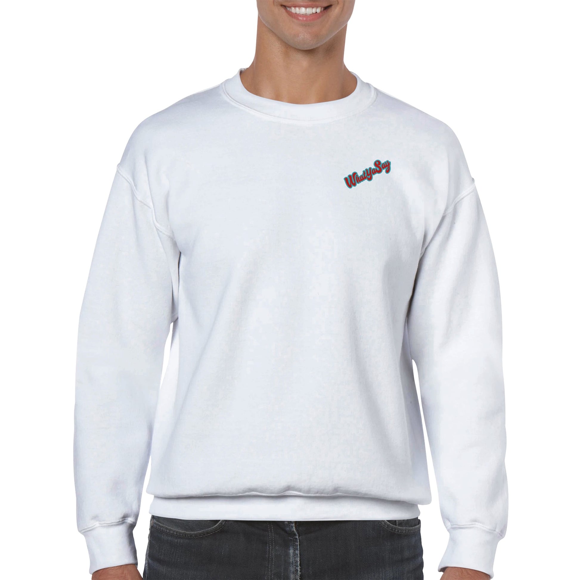 A white Classic Unisex Crewneck sweatshirt with original artwork and motto I need my Ass in the Sand and a Margarita in my Hand on back and Whatya Say logo on front from WhatYa Say Apparel with a A smiling male model front view.