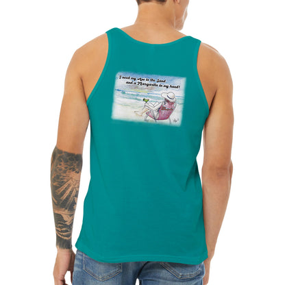 A teal Premium Unisex Tank Top with original artwork and motto I need my Ass in the Sand and a Margarita in my hand on back and WhatYa Say logo on front from combed and ring-spun cotton back view from WhatYa Say Apparel.