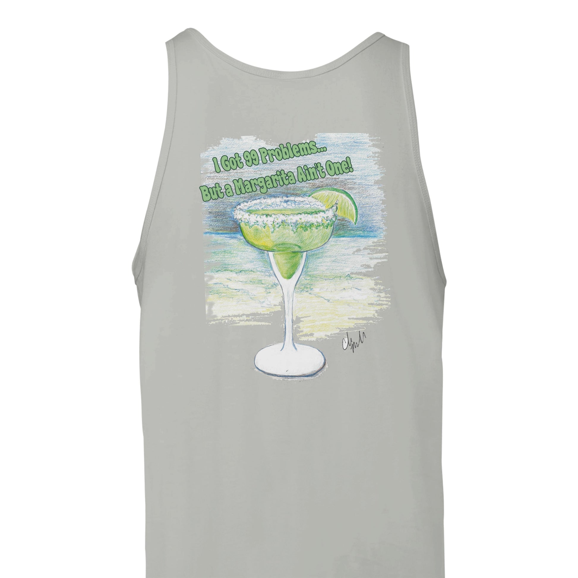 A pink Premium Unisex Tank Top with original artwork and motto I Got 99 Problems But a Margarita Ain't One on back and WhatYa Say logo on front from combed and ring-spun cotton back view.