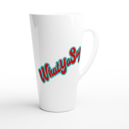 A Seventeener Personalized  white ceramic 17oz mug with motto I Got 99 Problems But a Margarita Aint One front and WhatYa Say logo on back dishwasher and microwave safe from WhatYa Say Apparel back side view.