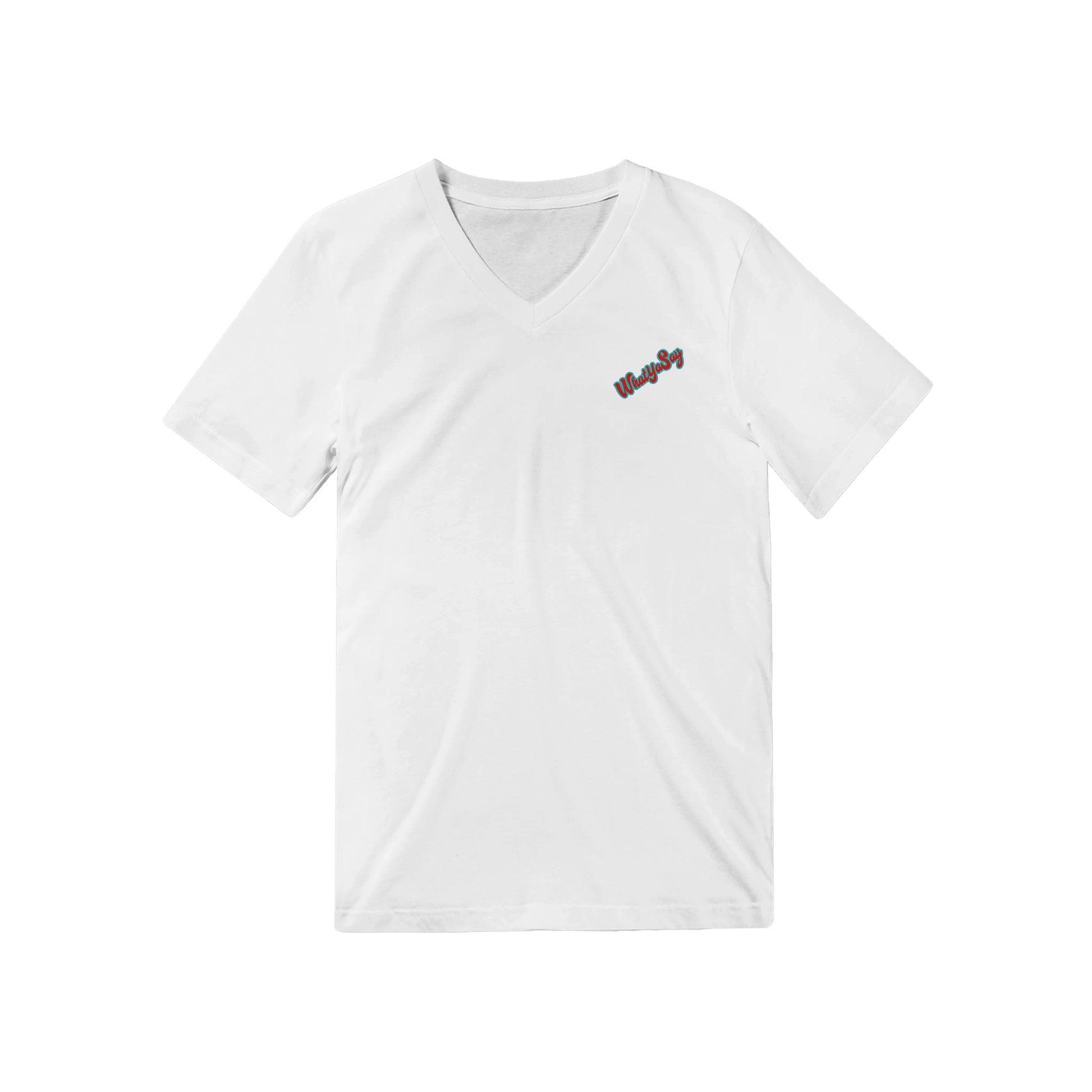 A white WhatYa Say logo premium Unisex v-neck t-shirt with original artwork and motto Don’t Judge Me Till You’ve Drank from my margarita on back of t-shirt from WhatYa Say Apparel.