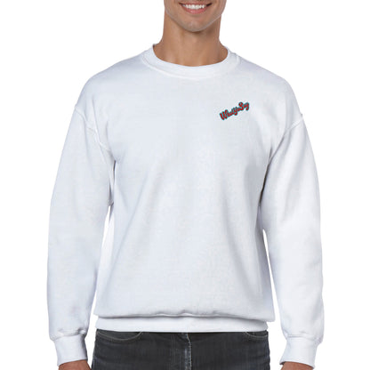 A white Classic Unisex Crewneck sweatshirt with original artwork and motto Don’t Judge Me Till You’ve Drank From My Margarita on back and Whatya Say logo on front from WhatYa Say Apparel worn by a standing short haired male model front view.