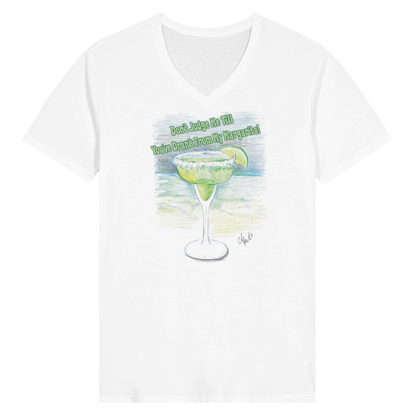 A white premium womens V-neck t-shirt with orignal artwork image Don't Judge Me Till You've Drank From My Margarita from WhatYa Say Apparel featuring a salt rimmed margarita glass with lime.