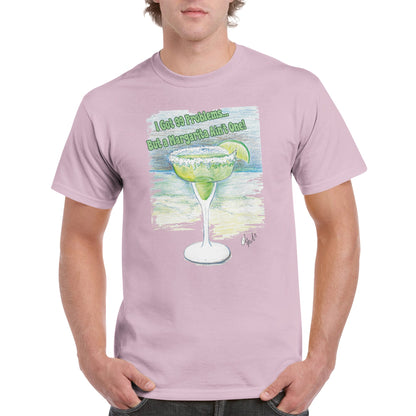 A pink heavyweight Unisex Crewneck cotton t-shirt with original artwork I Got 99 Problems… But A Margarita Ain’t One! on the front from WhatYa Say Apparel worn by blonde-haired male front view.