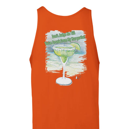 A orange Premium Unisex Tank Top with original artwork and motto Don’t Judge Me Till You’ve Drank from my Margarita on back and WhatYa Say logo on front from combed and ring-spun cotton back view from WhatYa Say Apparel rear view lying flat.