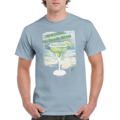 A light blue heavyweight Unisex Crewneck cotton t-shirt with original artwork I Got 99 Problems… But A Margarita Ain’t One! on the front from WhatYa Say Apparel worn by blonde-haired male front view.