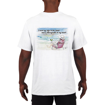 A white Performance Moisture-wicking with PosiCharge Unisex Crewneck t-shirt with original artwork and motto I need my Ass in the Sand and a Margarita in my hand on back of t-shirt and WhatYa Say logo on front from WhatYa Say Apparel a rear view of African American male model.