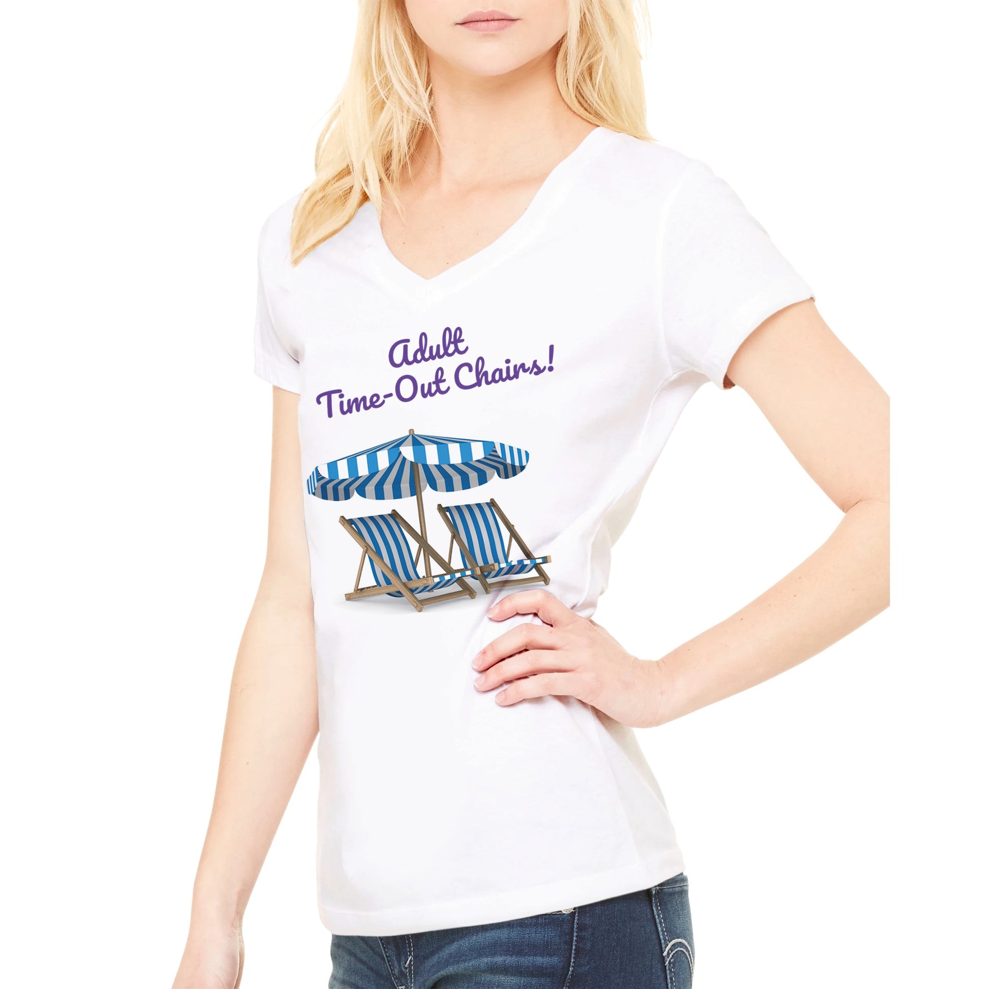 A premium women’s V-neck t-shirt with original Adult Time-Out Chairs! on front from WhatYa Say Apparel made from combed and ring-spun cotton worn by blonde hair Female model.