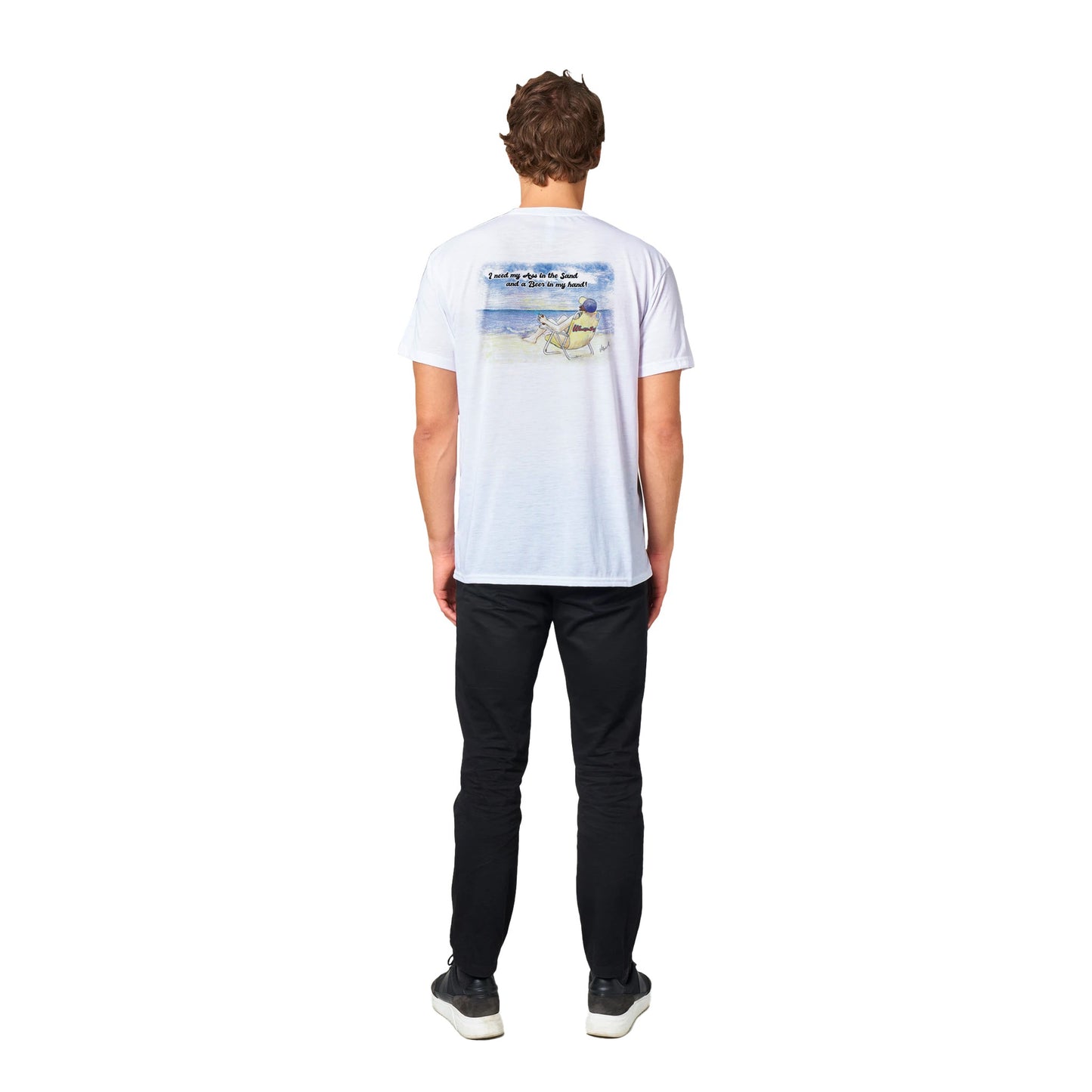 A white Performance Moisture-wicking with PosiCharge Unisex Crewneck t-shirt with original artwork and motto I need my Ass in the Sand and a Beer in my hand on back and WhatYa Say logo on front from WhatYa Say Apparel rear view of short-haired male model standing.
