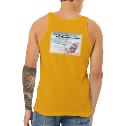 A gold Premium Unisex Tank Top with original artwork and motto I need my Ass in the Sand and a Margarita in my hand on back and WhatYa Say logo on front from combed and ring-spun cotton back view from WhatYa Say Apparel.