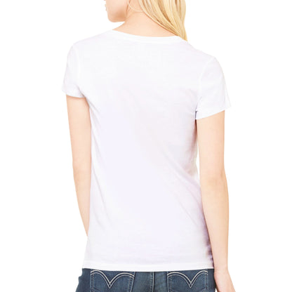 A premium women’s V-neck t-shirt with original Adult Time-Out Chairs! on front from WhatYa Say Apparel made from combed and ring-spun cotton worn by blonde hair Female model rear view.