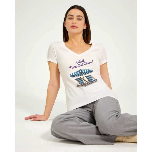 A premium women’s V-neck t-shirt from combed and ring-spun cotton original  Adult Time-Out Chairs! on front worn by a dark-haired female model sitting on floor.