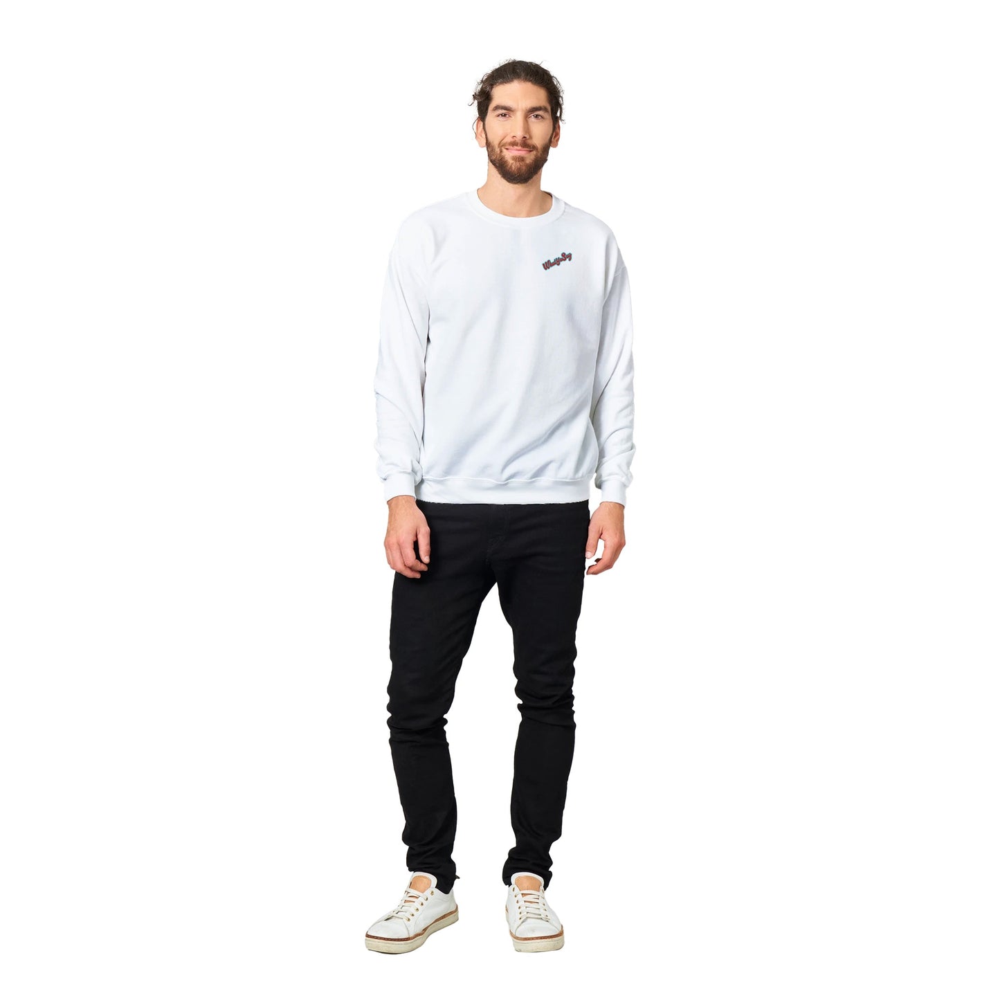 Standing short dark-haired male model wearing a white Classic Unisex Crewneck sweatshirt with original artwork and motto Don’t Judge Me Till You’ve Held my margarita on back and Whatya Say logo on front from WhatYa Say Apparel front view.