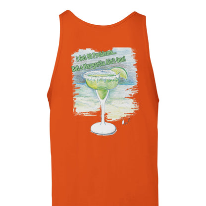 A Orange Premium Unisex Tank Top with original artwork and motto I Got 99 Problems But a Margarita Ain't One on back and WhatYa Say logo on front from combed and ring-spun cotton back view.