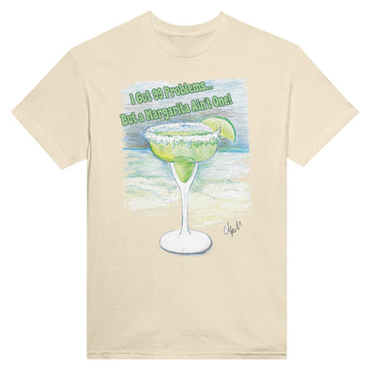 A natural heavyweight Unisex Crewneck cotton t-shirt with artwork I Got 99 Problems… But A Margarita Ain’t One! on the front from WhatYa Say Apparel lying flat.