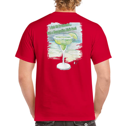 A blonde-haired male wearing a red heavyweight Unisex Crewneck t-shirt with original artwork and motto I Got 99 Problems But a Margarita Ain't One on back and WhatYa Say logo on front of t-shirt facing backwards from WhatYa Say apparel.