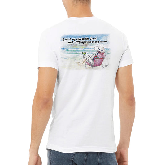 A white premium unisex v-neck t-shirt with original artwork and motto I need my Ass in the Sand and a Margarita in my hand on back and WhatYa Say logo on front made with combed and ring-spun cotton from WhatYa Say Apparel worn by A brown-haired male back view. 