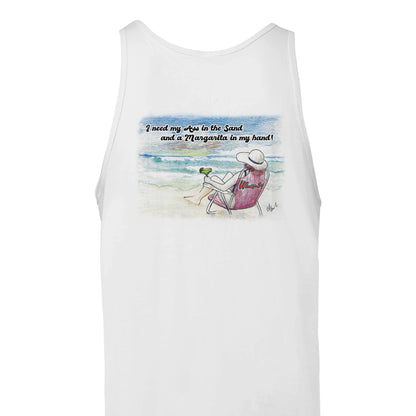 A white Premium Unisex Tank Top with original artwork and motto I need my Ass in the Sand and a Margarita in my hand on back with WhatYa Say Logo on front from combed and ring-spun cotton from WhatYa Say Apparel  lying flat rear view.
