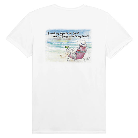 A white Performance Moisture-wicking with PosiCharge Unisex Crewneck t-shirt with original artwork and motto I need my Ass in the Sand and a Margarita in my hand on back and WhatYa Say logo on front from WhatYa Say Apparel lying flat.