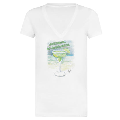Women’s premium White V-neck t-shirt with original artwork and motto I Got 99 Problems But a Margarita Aint One from WhatYa Say Apparel lying flat.