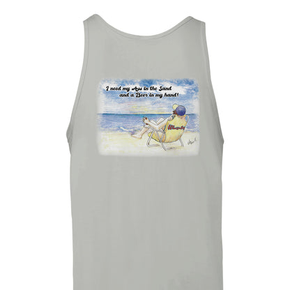 A silver Premium Unisex Tank Top with original artwork and motto I need my Ass in the Sand and a Beer in my hand on back and WhatYa Say logo on front from combed and ring-spun cotton back view from WhatYa Say Apparel.