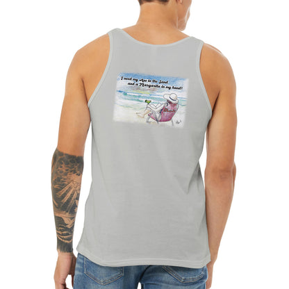 A teal Premium Unisex Tank Top with original artwork and motto I need my Ass in the Sand and a Margarita in my hand on back and WhatYa Say logo on front from combed and ring-spun cotton back view from WhatYa Say Apparel.